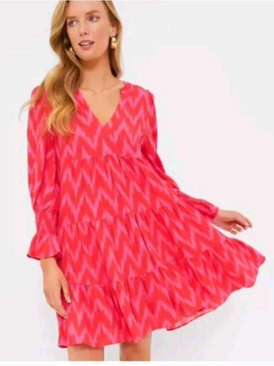 Pomander Place Dresses & Skirts - Pomander Place Kenzo Dress Mini Flare V Neck Tiered Ruffle Long Sleeve Pink XS